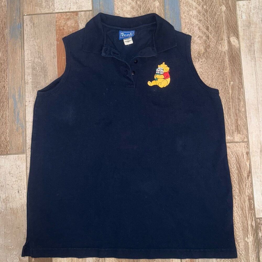 Disney Y2K Vtg Winnie the Pooh Sleeveless Polo Shirt Navy Golf Woman’s Large
